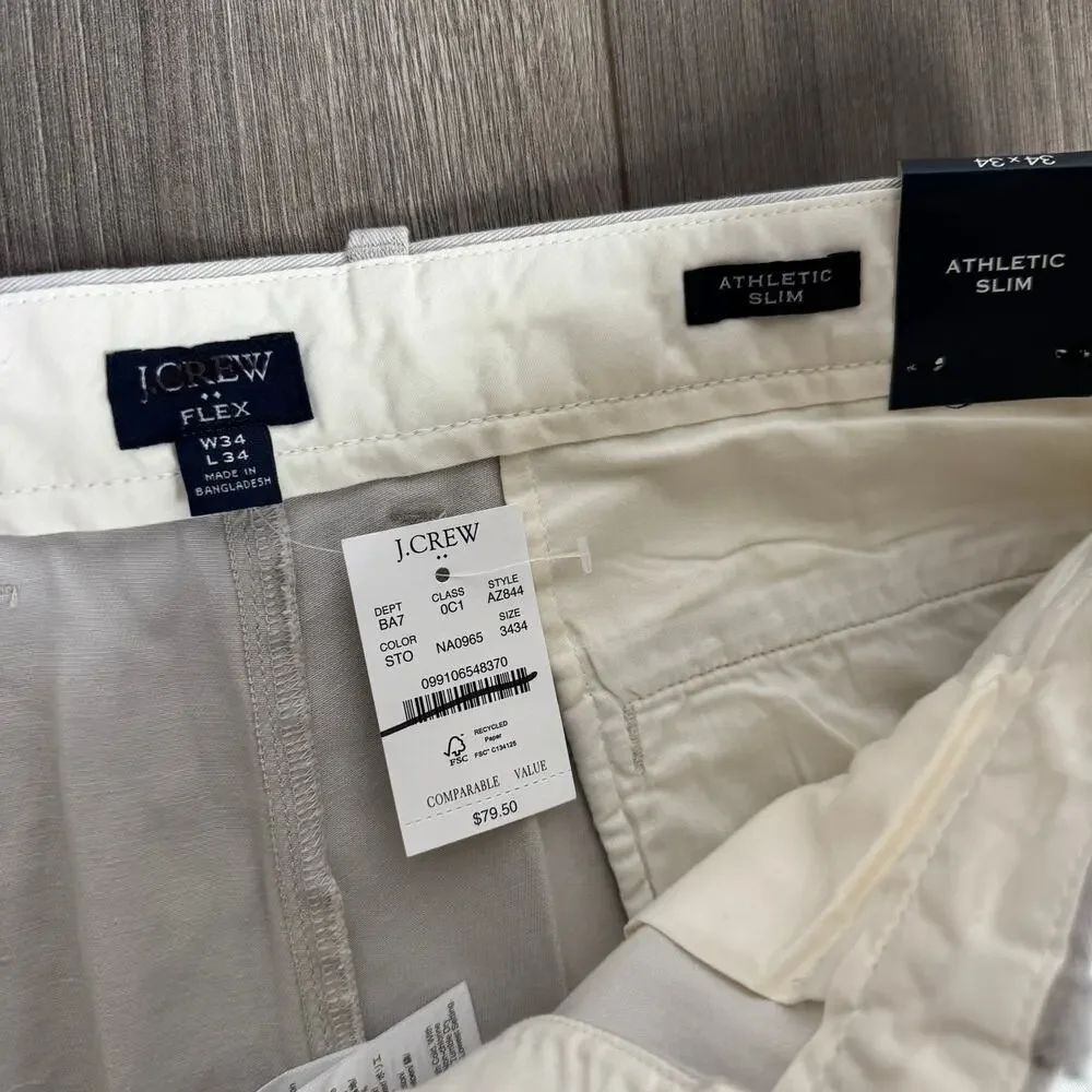 J.Crew Flex Athletic Slim-Fit Chino Pant Mens 34x34 Stone Stretch Button Zip fly